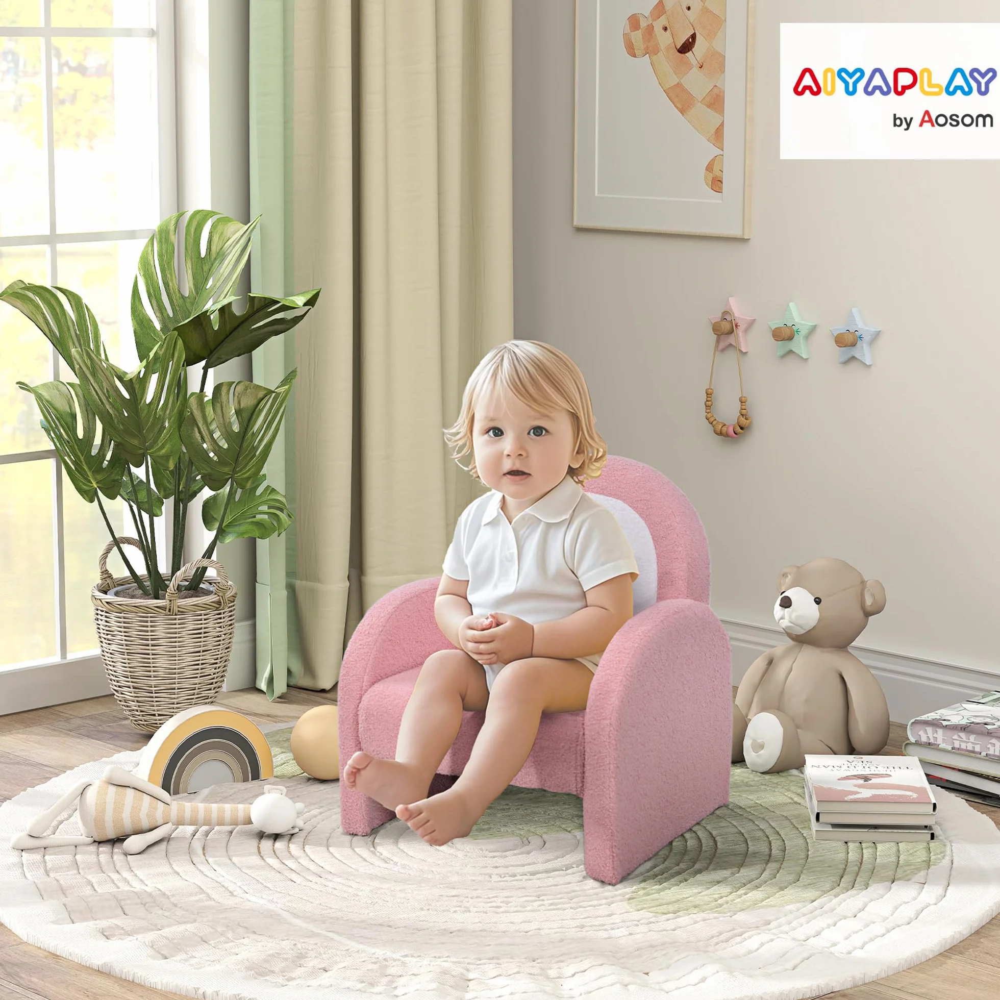 AIYAPLAY Sillón Infantil con Respaldo en Forma de Arcoíris Sofá para Niños de 18-96 Meses Tejido Suave de Borreguito Reposabrazos Carga 45 kg Rosa