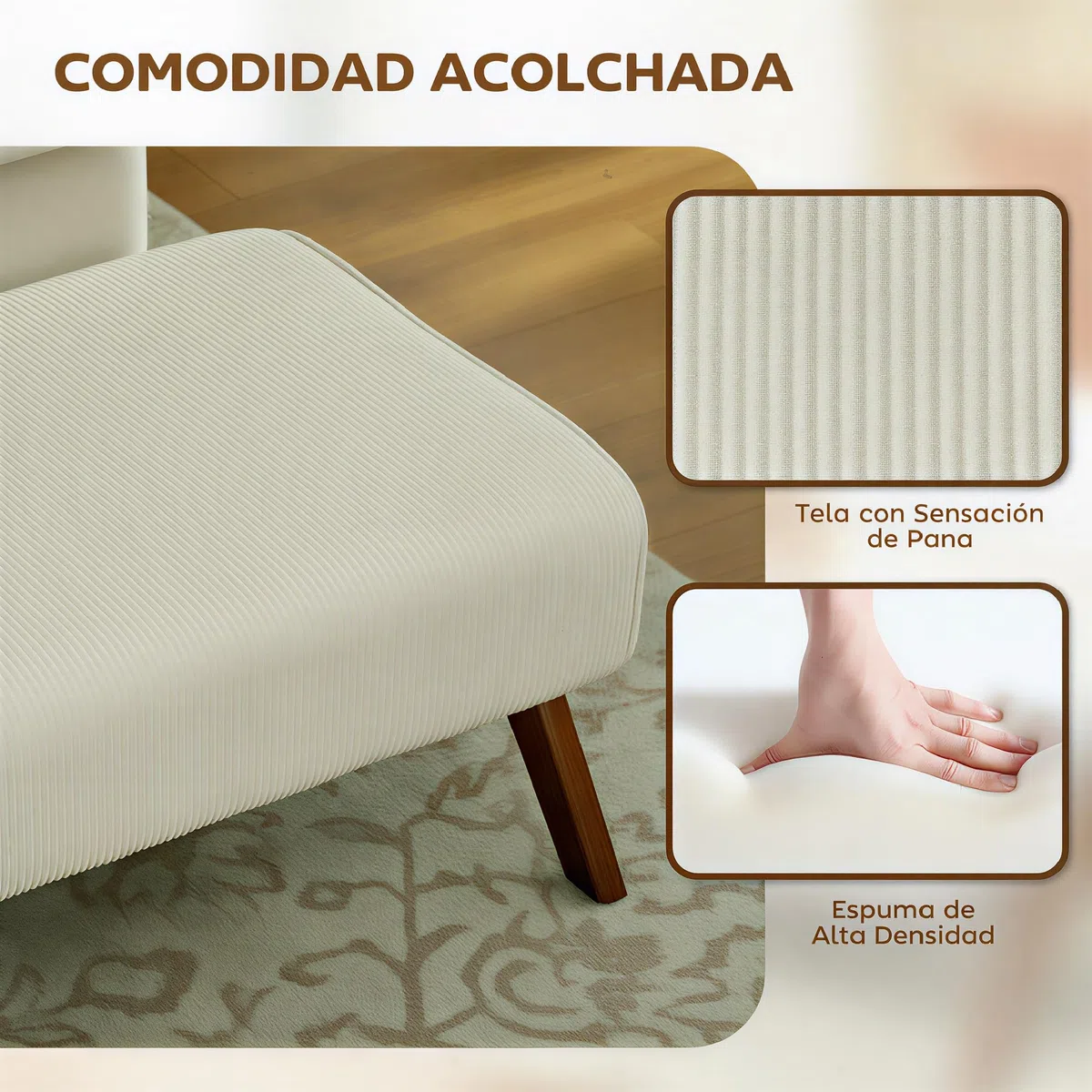 HOMCOM Reposapiés de Salón Taburete Bajo Tapizado en Pana Otomana Rectangular con Asiento Acolchado y Patas de Madera para Sala de Estar Dormitorio Beige
