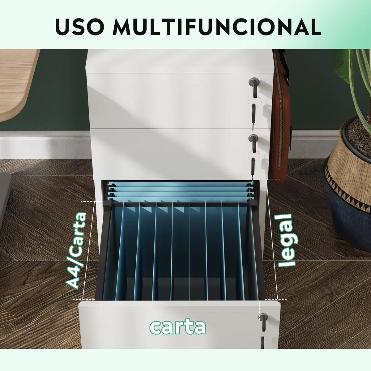 DEVAISE Archivador de 3 Cajones con Cerradura, Mueble Bajo Escritorio Sólido para Documentos A4/Legal/Carta,Blanco