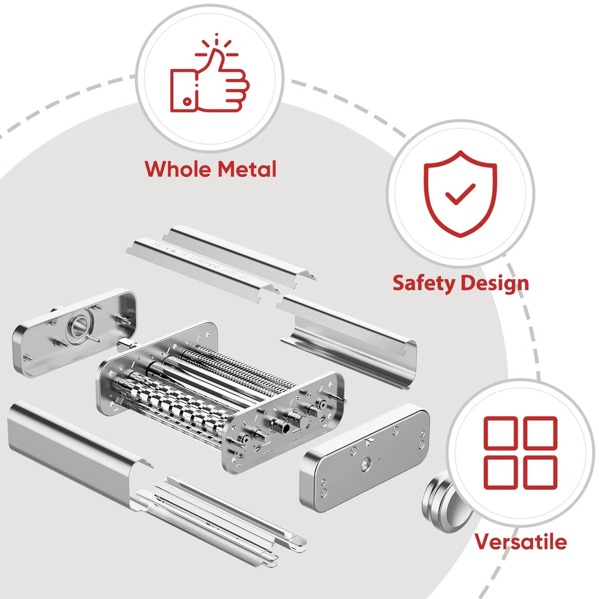GVODE Accesorio de Pasta 3 en 1de Material Acero Inoxidable para KitchenAid Amasadora, Rodillo para Láminas, Cortador de Espaguetis y Fettuccine, con Placa Guía, 8 Ajustes de Grosor