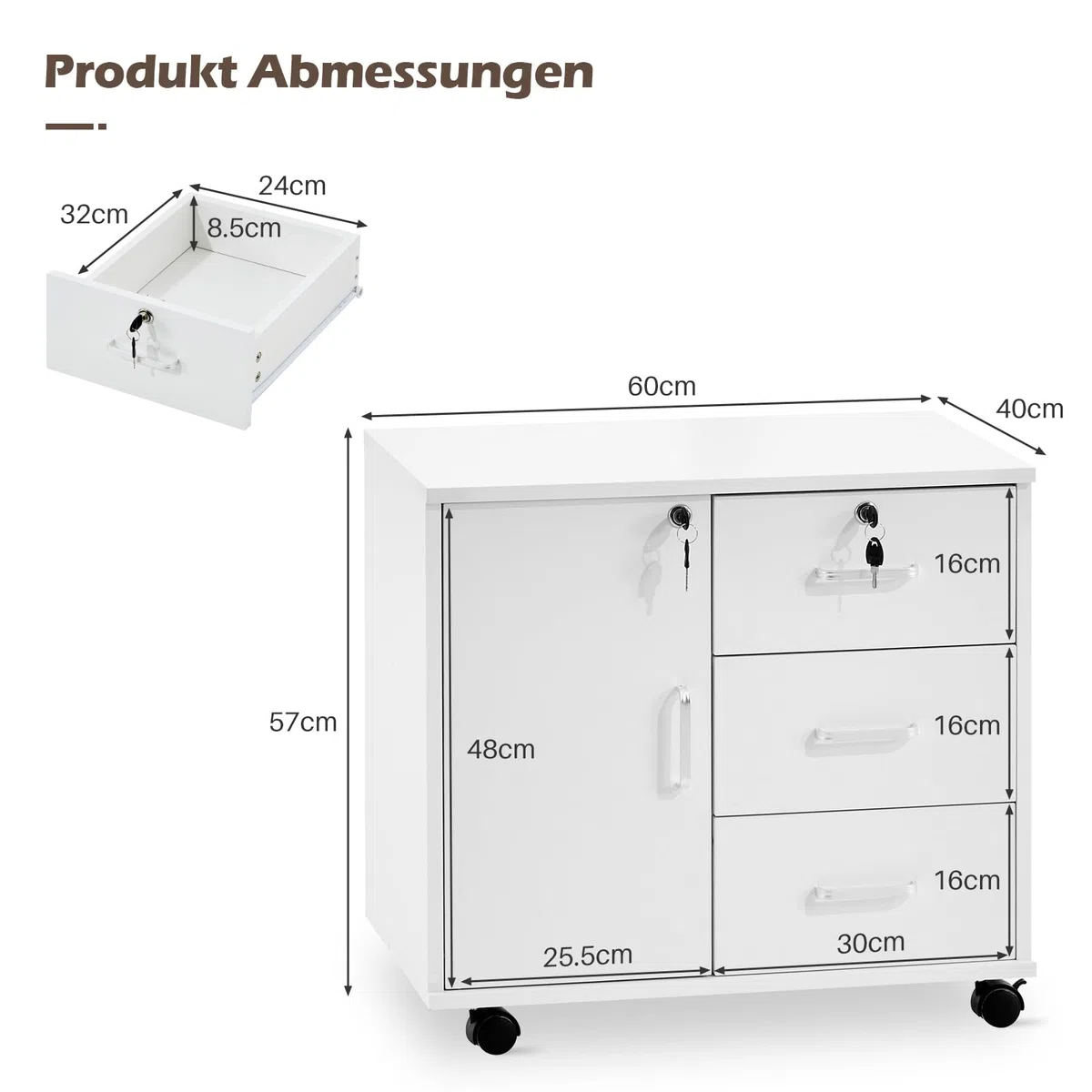 TUKAILAi Archivador Móviles con 4 Cajones y Cerradura, Armario de Oficina con Ruedas, Armario Multiusos con Gran Almacenaje para A4 Documentos en Formato Carta 40 x 60 x 57 cm (Blanco)