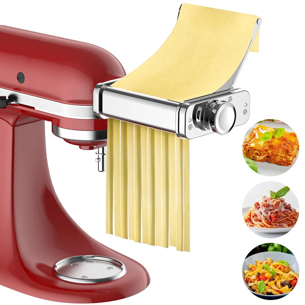 GVODE Accesorio de Pasta 3 en 1de Material Acero Inoxidable para KitchenAid Amasadora, Rodillo para Láminas, Cortador de Espaguetis y Fettuccine, con Placa Guía, 8 Ajustes de Grosor