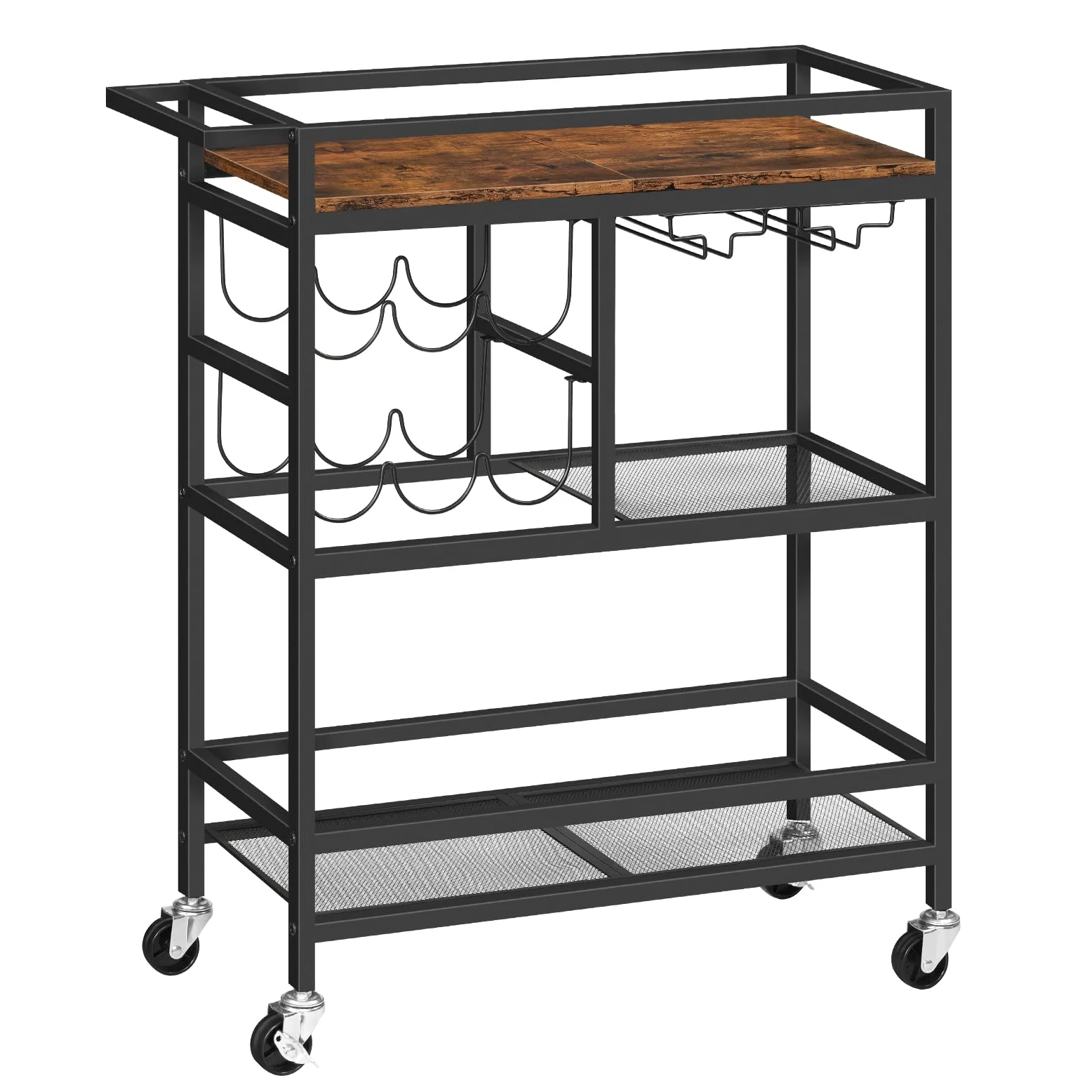 MAHANCRIS Carro de Bar para el Hogar, Carrito de Servicio de 3 Pisos con Ruedas y Asa, Carro de Bebidas con Botellero y Portavasos, Carrito para Cocina, Comedor, Marrón Vintage ARCHR6101
