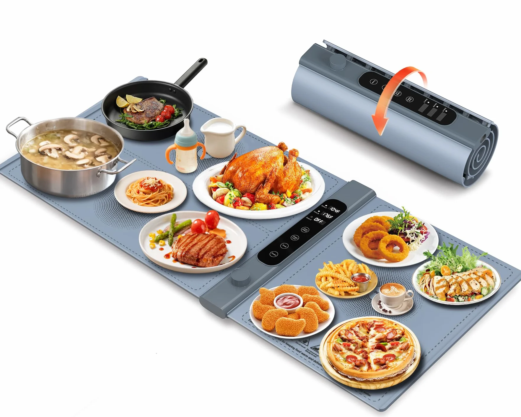 Bandeja de Calentamiento de Silicona 101×43 Cm, Bandeja Calienta Platos de 3 Zonas Independientes con 17 Temperatura de 1–6 Horas, Eléctrica Bandeja Calentadora de Comida para Buffets y Fiestas