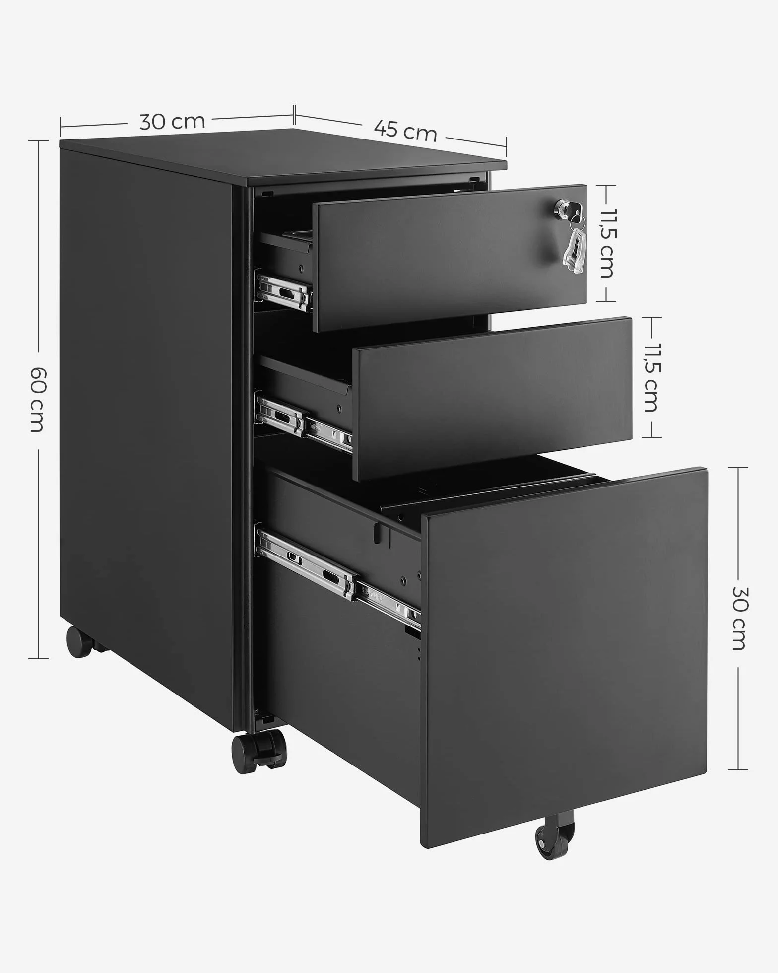 SONGMICS Archivador móvil, Cajonera de Oficina con Ruedas y Cerradura, para A4, Documentos, Carpetas de Archivo, Negro OFC031B01