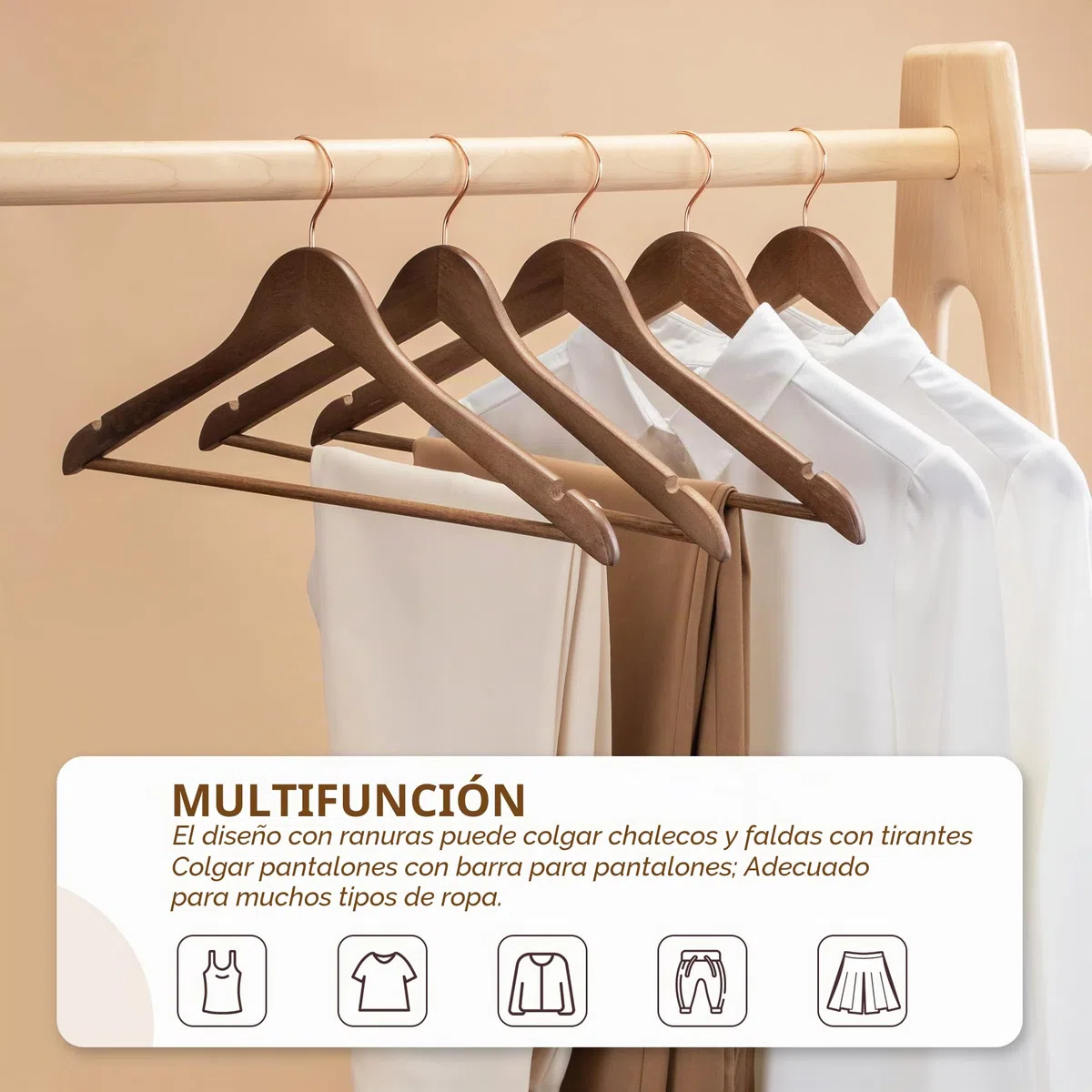 HOUSE DAY 32Pcs Perchas de Madera Resistentes de Primera Calidad, para el día de la casa, para Ropa, Perchas Antideslizantes en los Hombros, con Gancho Giratorio de Color Oro Rosa, 45 cm, Noyer