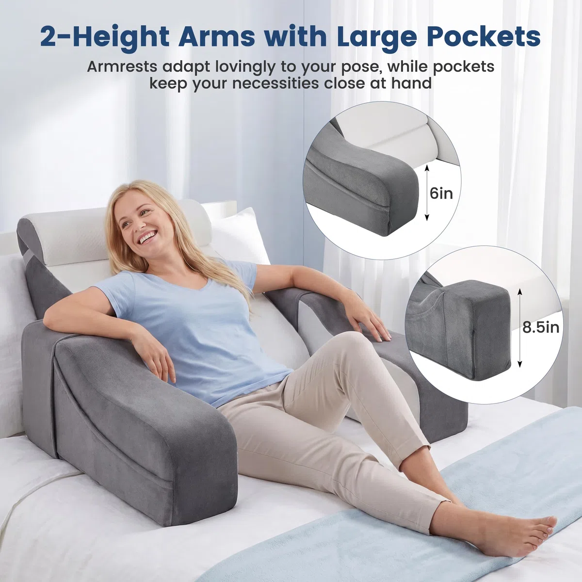 Cojín de lectura reversible 2 en 1 para cama y sofá, con reposabrazos y almohadas extraíbles, 2 ángulos de inclinación para el respaldo de 20° y 55 °, silla de cama para leer, jugar