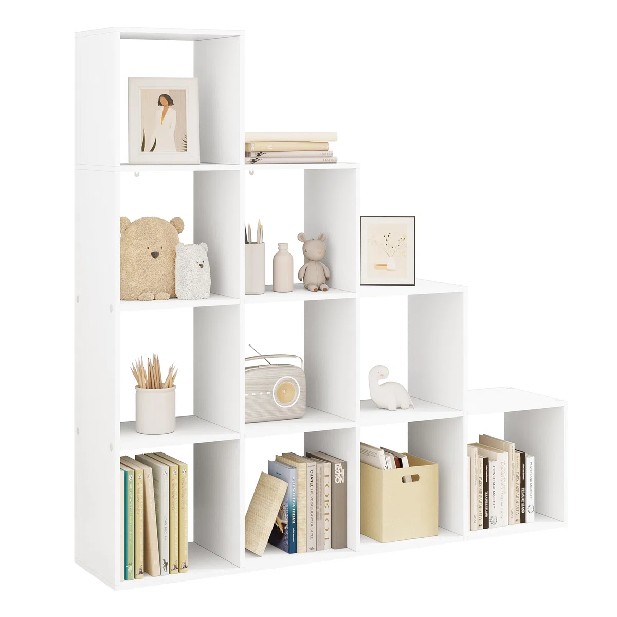 WOLTU Estanteria Libreria con 10 Compartimentos, Estanteria de Almacenamiento de Madera, para Salon, Estudio y Oficina, Blanco+Roble Claro, 136x29x136 cm RGB44ws (29x136x136cm)