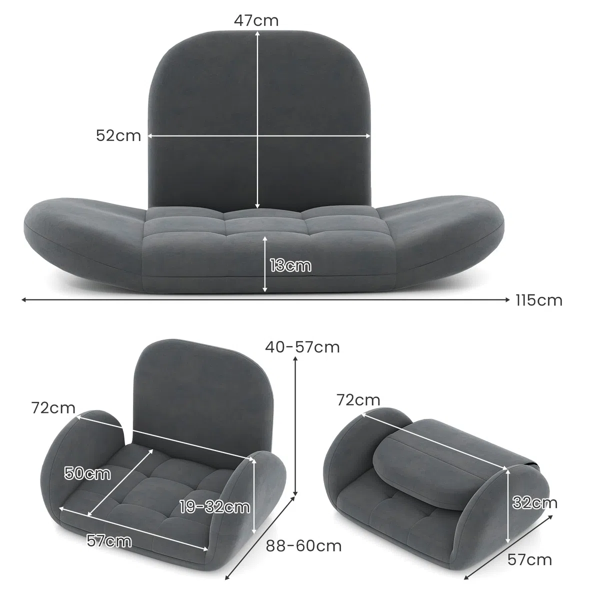 GOPLUS Silla de Suelo Plegable, Silla para Juegos con Respaldo Ajustable en 3 Posiciones y Reposabrazos de 5 Posiciones, Sofá Suelo de Tela para Leer Salón Dormitorio Oficina (sin Base Giratoria)