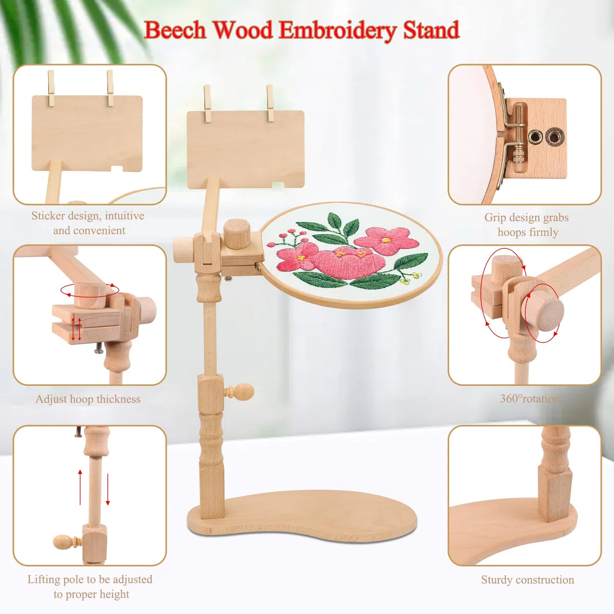Soporte de bastidor de bordado, soporte giratorio de madera, marco de punto de cruz, marco de madera para manualidades, soporte de bastidor de bordado manos libres para manualidades