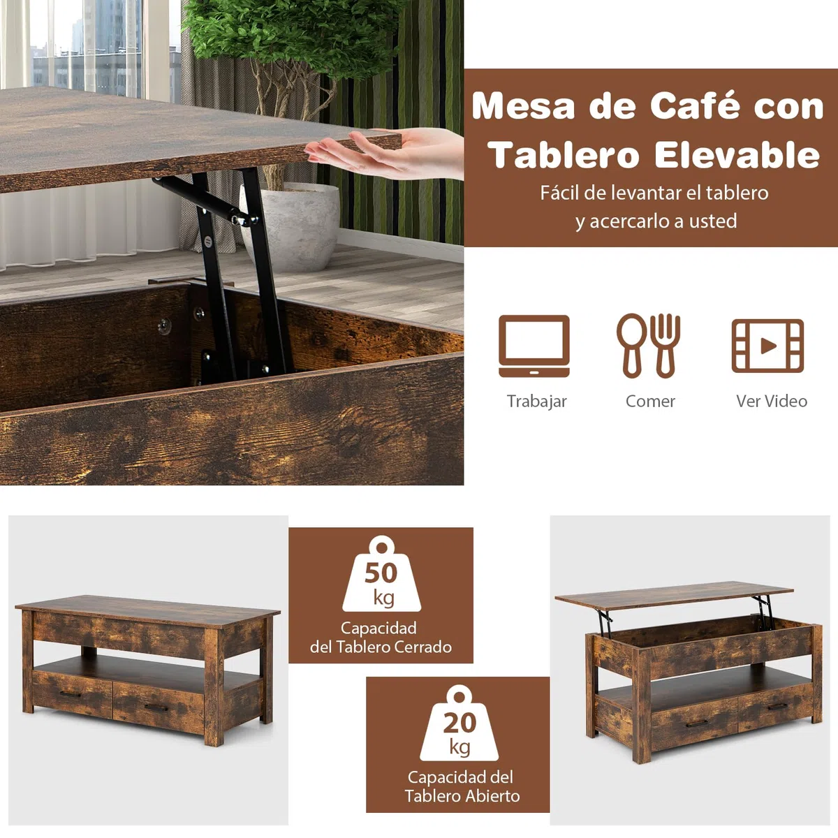 COSTWAY Mesa de Centro con Tablero Elevable, Mesa de Café Industrial con Compartimento, Estante de Almacenamiento y 2 Cajones, Mesita Mueble Salon con Sistema Neumático de Elevación del Tablero
