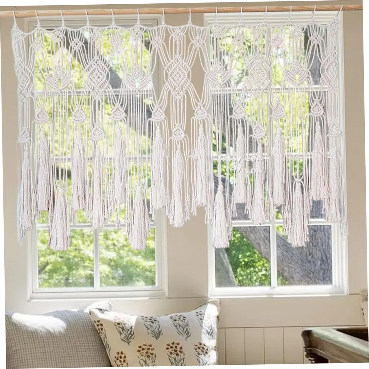 Cortinas de macramé para Ventanas, Cenefa de macramé Tejida con Cuerda de algodón, Cenefa Bohemia Corta para Colgar en la Pared para Puerta de balcón de Cocina, Dormitorio, 47x22 Pulgadas-