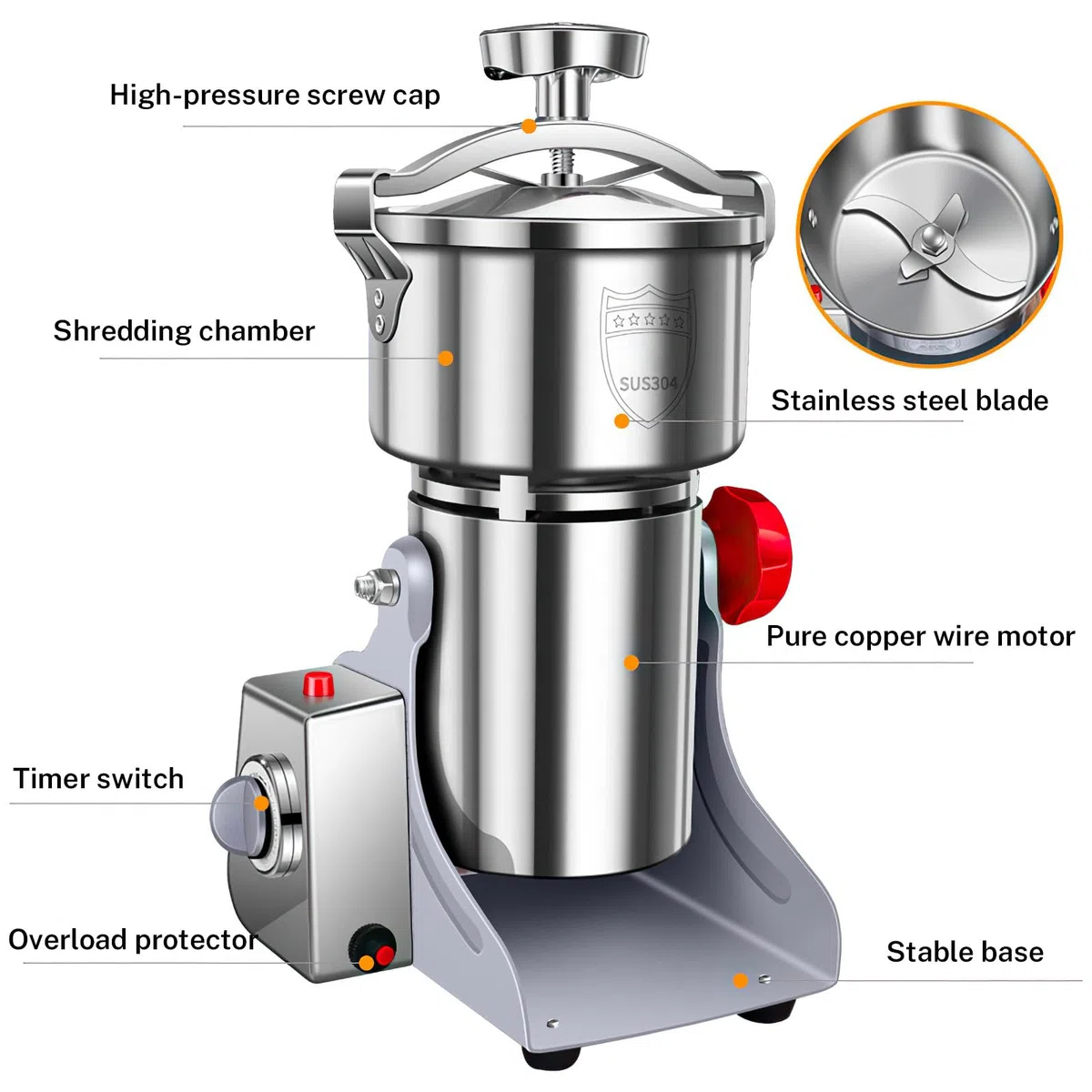Molino de Cereales Eléctrico 800g,Molinillo de Especias Comercial 3500W,28000 RPM, Fabricado en Acero Inoxidable 304, para Cereales, Especias, Café y Hierbas