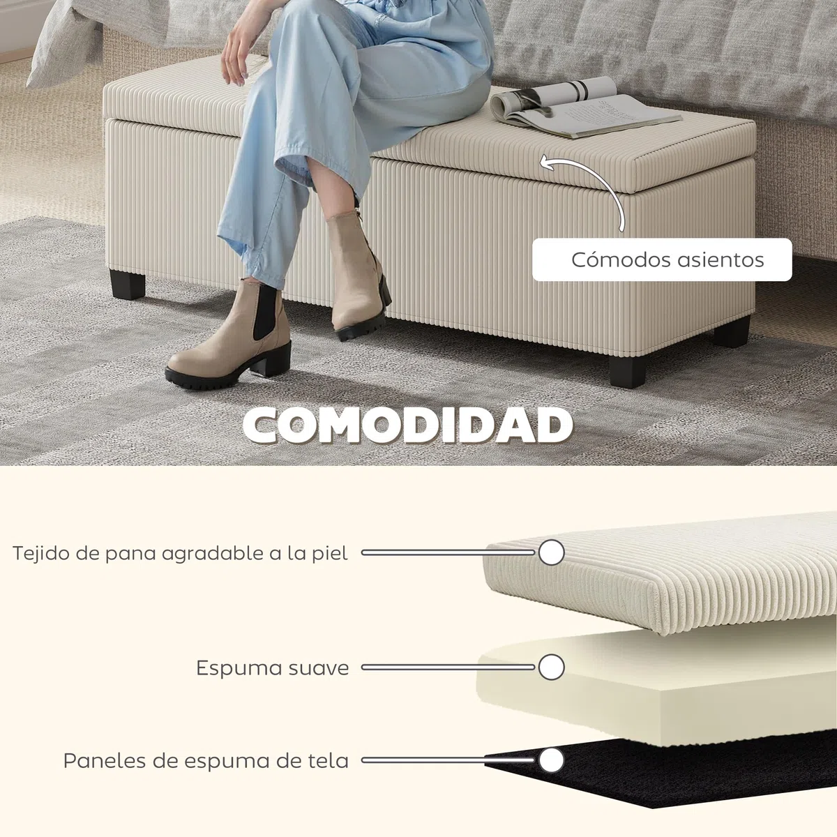 HOMCOM Puff Almacenaje, Banco Almacenaje, Capacidad de 84 L, 112x42x40 cm, Taburete Reposapiés, Tapizado en Pana, Pie de Cama, Carga 220 kg, para Sala de Estar, Dormitorio, Entrada, Beige