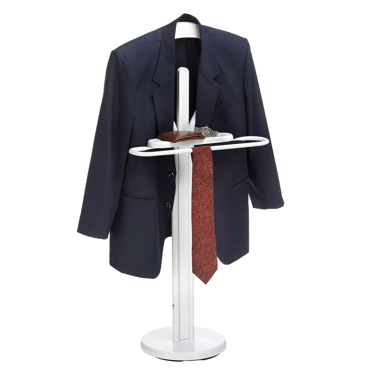 IDIMEX Mateo - Caballete de metal y MDF en color blanco y blanco, con bandeja y plancha, práctico almacenaje y organizador de ropa para trajes y camisas