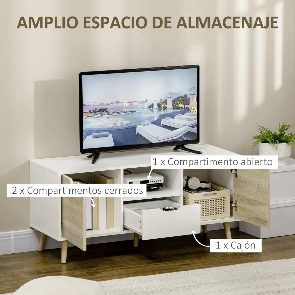 HOMCOM Mueble de TV, Mesa de TV con Cajón, 2 Puertas y Estante Abierto, Patas de Madera, para Televisores hasta 50 Pulgadas, Largo de 110 cm, para Salón, Dormitorio, Blanco y Madera Natural