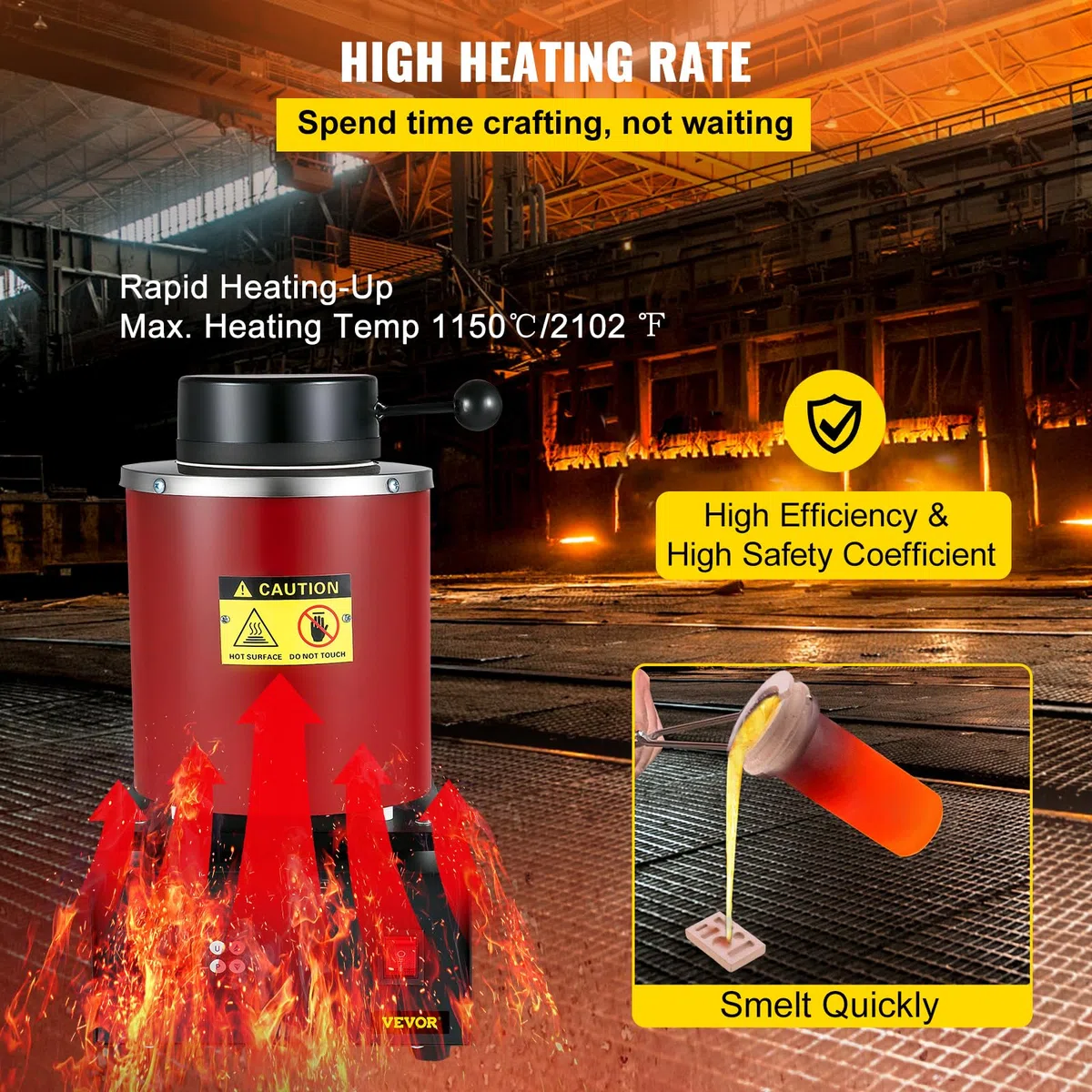 VEVOR Horno de Fusión de Oro, Temperatura Máxima de 1150 ℃, Horno de Fusión Eléctrico Digital con Crisol Cerámico de 3 kg, Matriz de Lingote y Guantes, para Procesar Oro/Plata/Cobre/Aluminio, Rojo