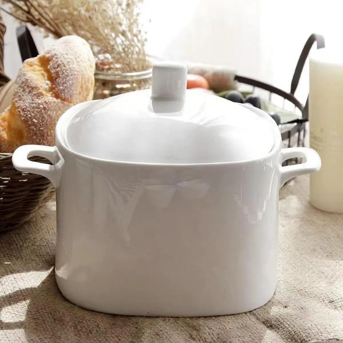 Tureen de sopa de porcelana de hueso con tapa y juego de cucharón, cuenco grande de cerámica de 3000 ml con cubierta para fiestas, comer, decoración del hogar, 3,090.1 g, apto para microondas