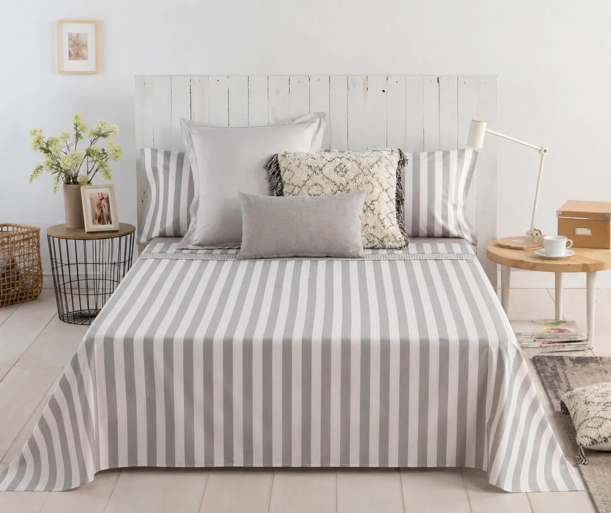 COTTON ARTean Juego de sábanas 135x190/200 Percal Algodón 180 hilos LINES GRIS 3 piezas: Encimera, 1 Funda de Almohada, Bajera Ajustable