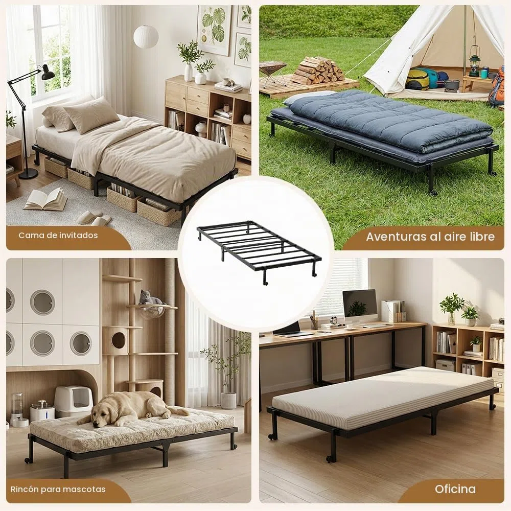 Cama Plegable para 1 Persona de Metal, Marco de Cama Individual, 90 x 190 cm, Marco de Cama Plegable con 4 Ruedas, Negro