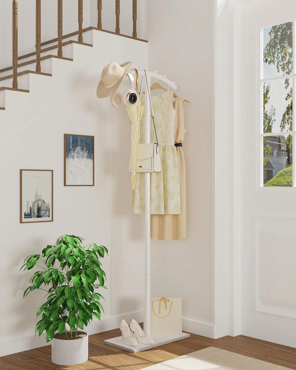 Perchero de metal de pie, Moderno Colgador de Ropa Curva en Forma de T, con Placa Inferior de Roca Gruesa, Percheros para Sala de Estar, Dormitorio, Entrada y Oficina, 175cm, Blanco