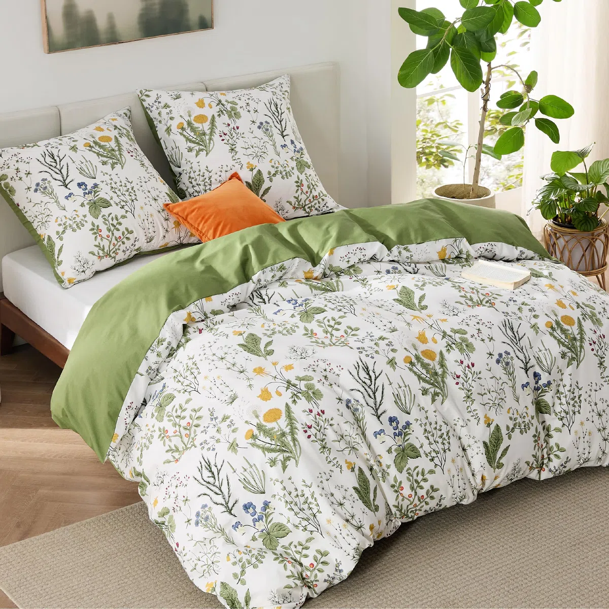 BEDSURE Juego de ropa de cama reversible de algodón, 155 x 220 cm, funda nórdica de 3 piezas con 2 fundas de almohada de 80 x 80 cm, color verde salvia, diseño de flores, con cremallera