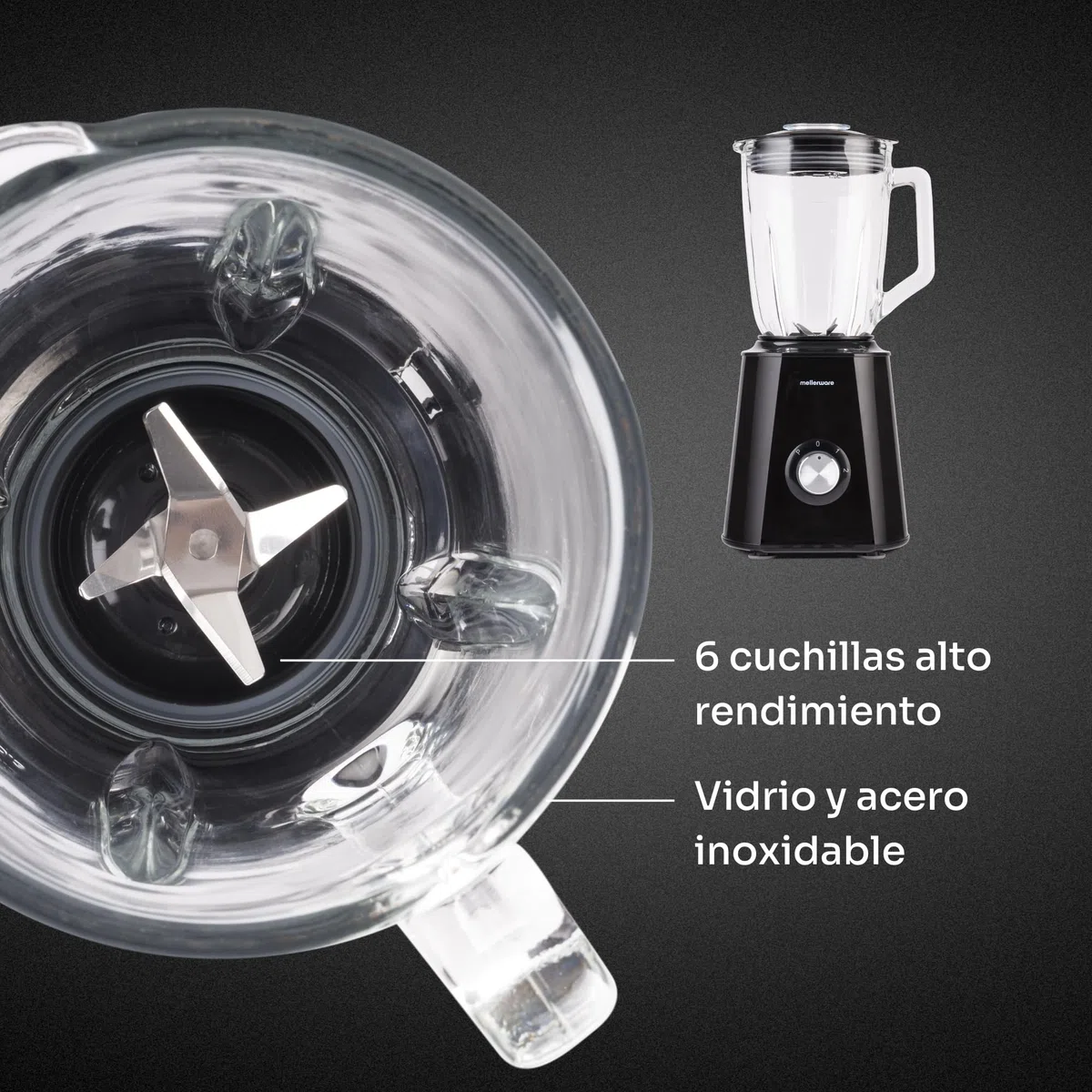 Mellerware - Batidora de vaso Mixy! 1500 W | Jarra de vidrio de 1.5L | 2 velocidades + TURBO | Procesador de alimentos profesional con cuchillas de 6 hojas | Rompehielos | Negro
