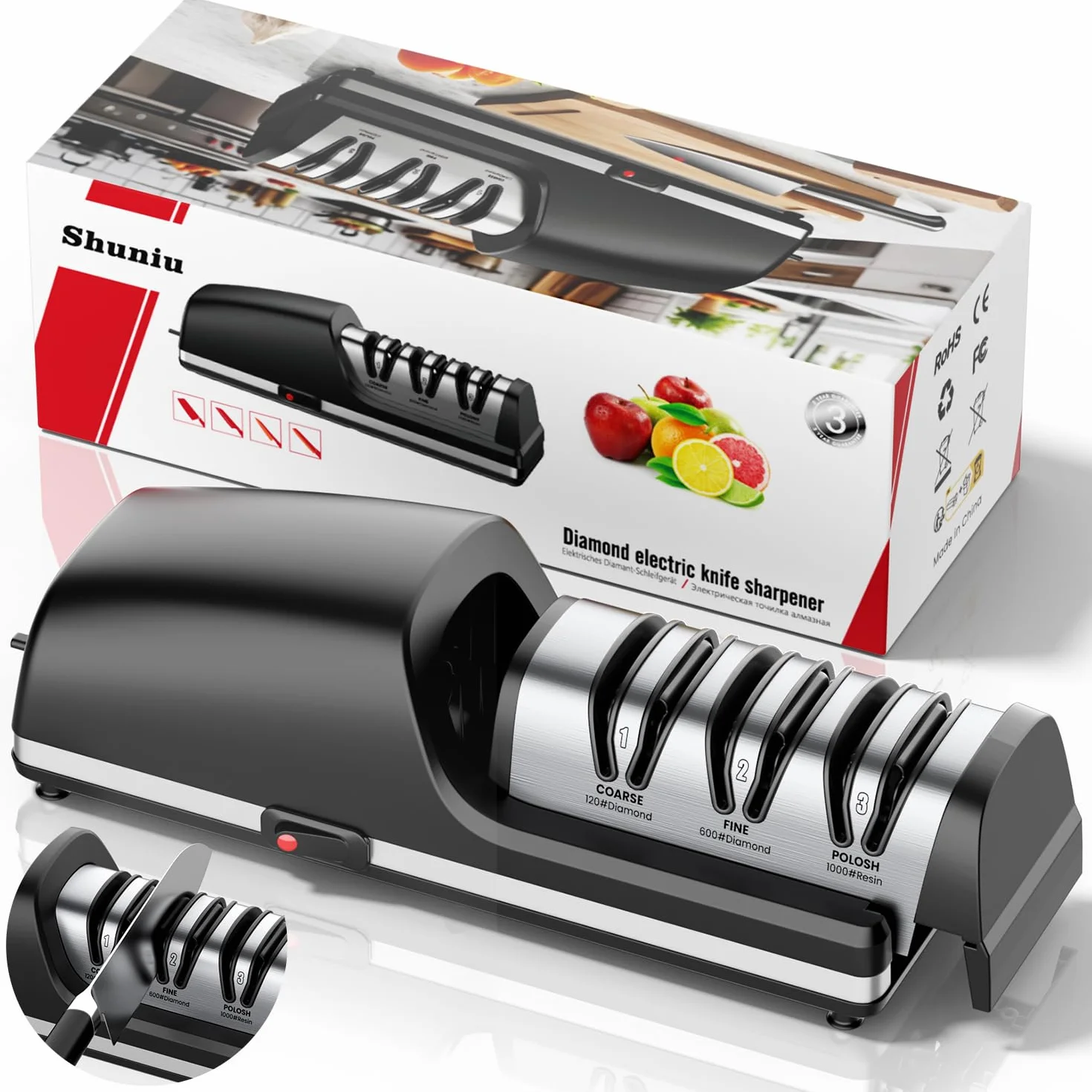 Afilador eléctrico profesional para cuchillos, cabezales de pulido reemplazables, abrasivos totalmente de diamante, guías angulares de precisión, compatible con filos dobles y filos ondulados