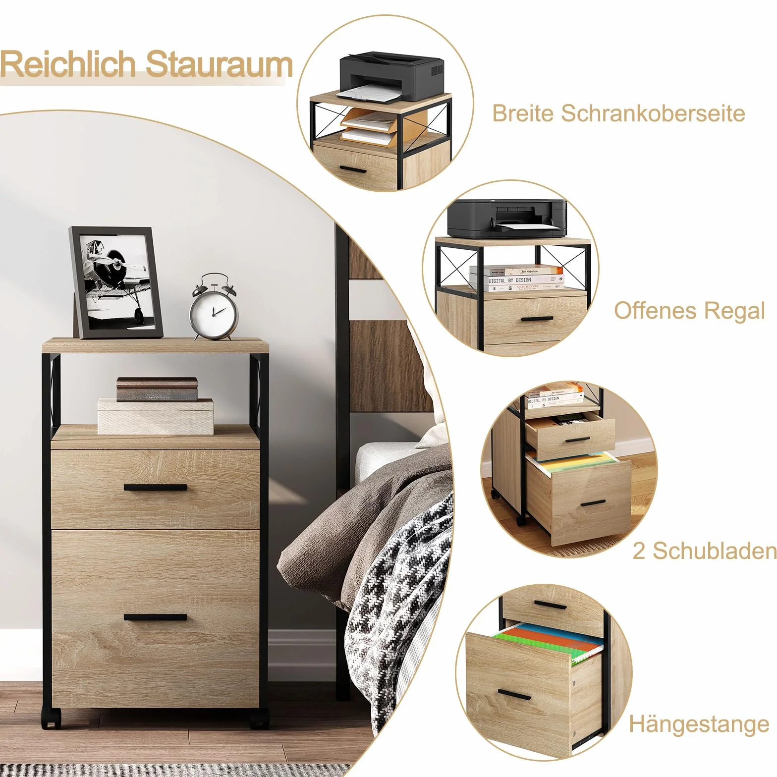 WOLTU Armario Archivador Móvil, Cajonera Escritorio con Ruedas, Mueble Oficina 2 Cajones y 1 Estante, Gabinete Almacenaje para Impresora, Carpetas, Archivos A4, Roble Claro, 40x40x69 cm, ASK09hei