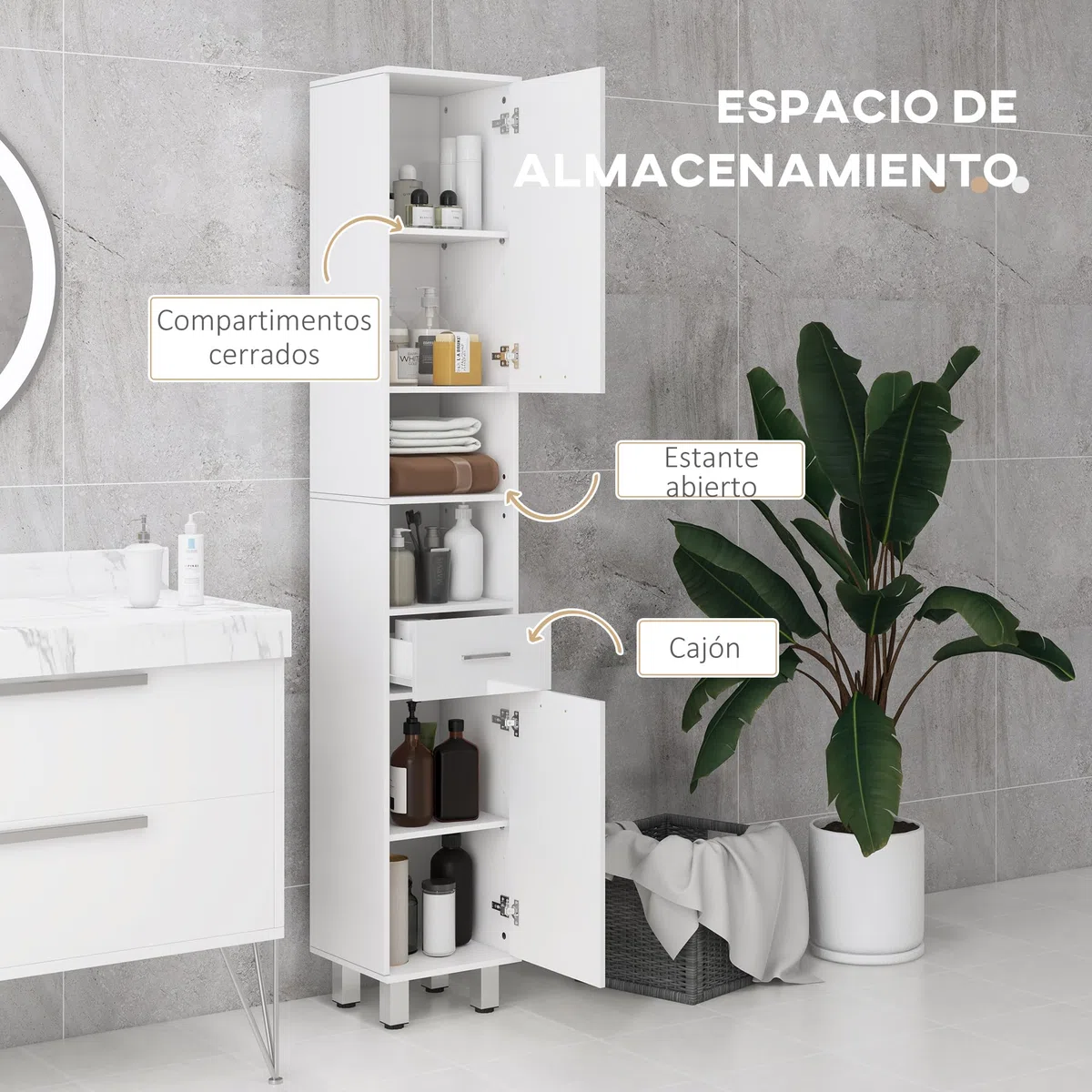 kleankin Armario de Baño Alto, Columna Auxiliar de Baño, con 1 Cajón, 3 Estantes Ajustable, 2 Armarios, para Salón, Dormitorio, 30x30x180 cm, Blanco Brillante