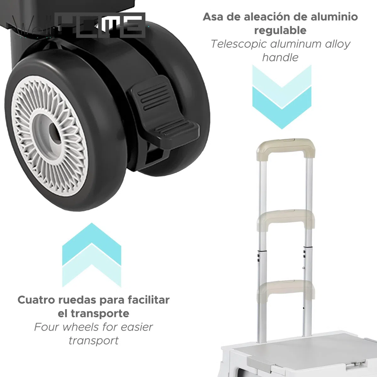 Well Home Carro de la Compra Plegable Tipo Caja con Tapa y Ruedas, Caja de Almacenaje para Maletero de Coche, Asa Telescópica Reforzada, Capacidad 56L