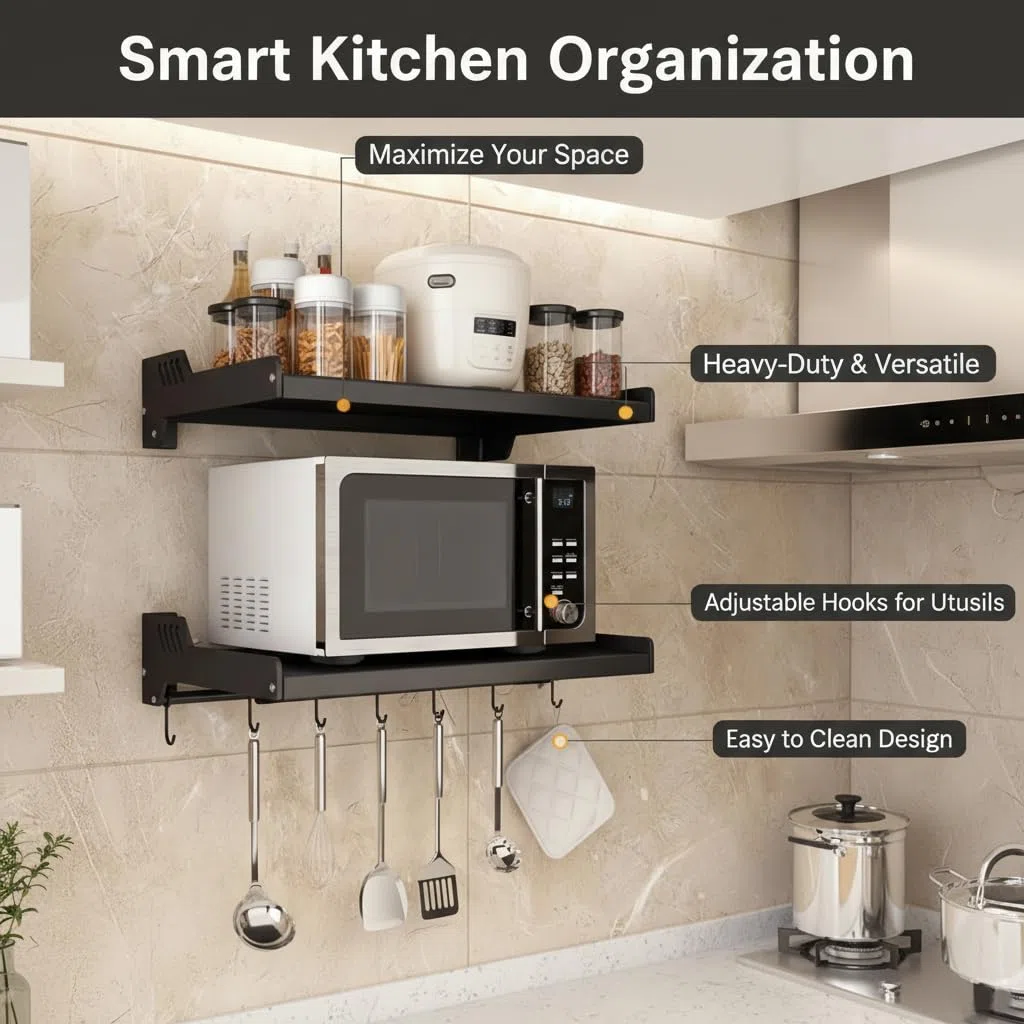 FREEUP Estantería de pared para microondas para cocina, soporte para microondas de acero inoxidable, color negro, soporte para microondas con 6 ganchos, montaje adhesivo o montaje en taladro