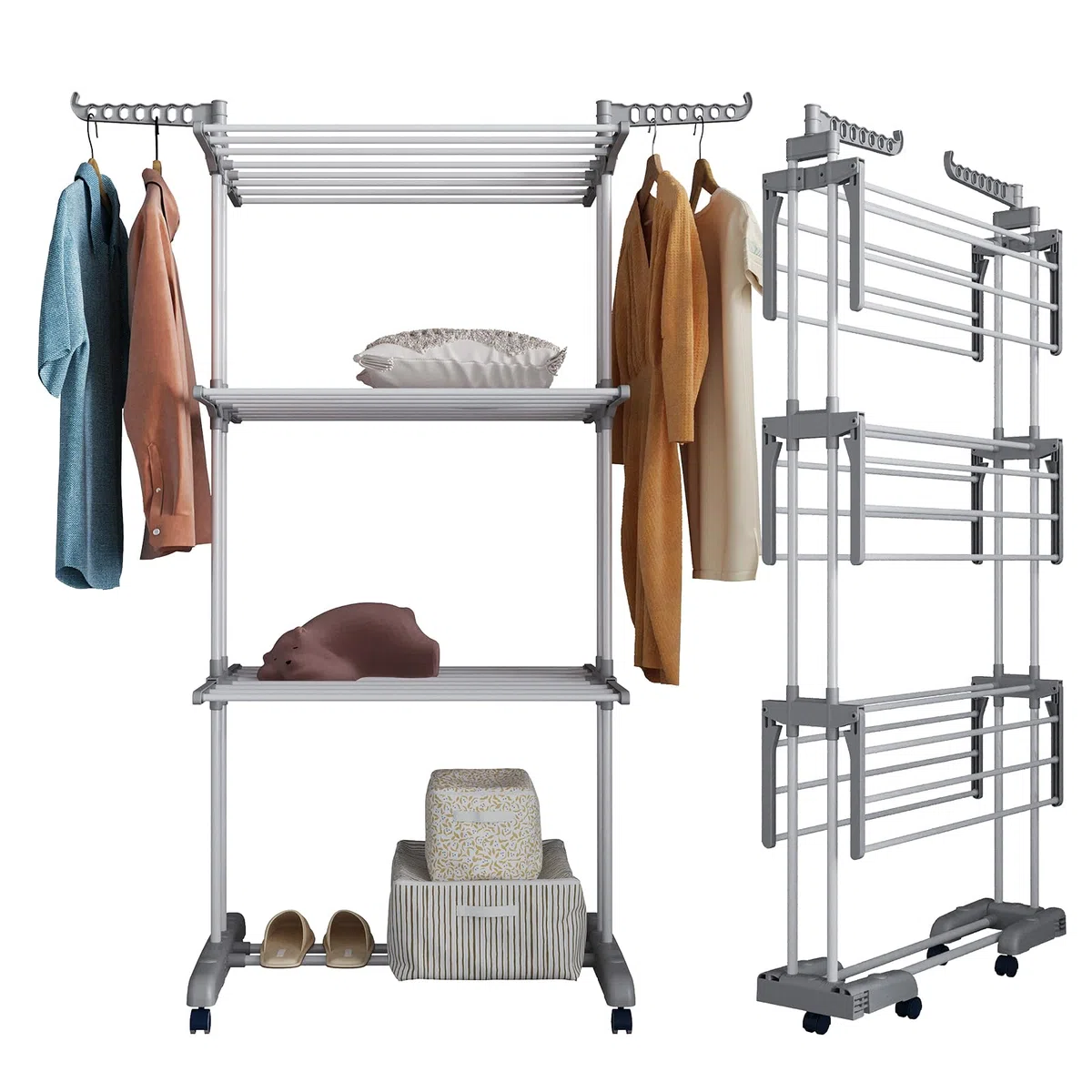 johgee Tendedero con Ruedas, Base Plegable, Ahorro de Espacio, Tendederos Plegables, Tendedero Vertical con 6 alas Plegables y 2 alas Laterales, para Uso Interior y Exterior, Gris