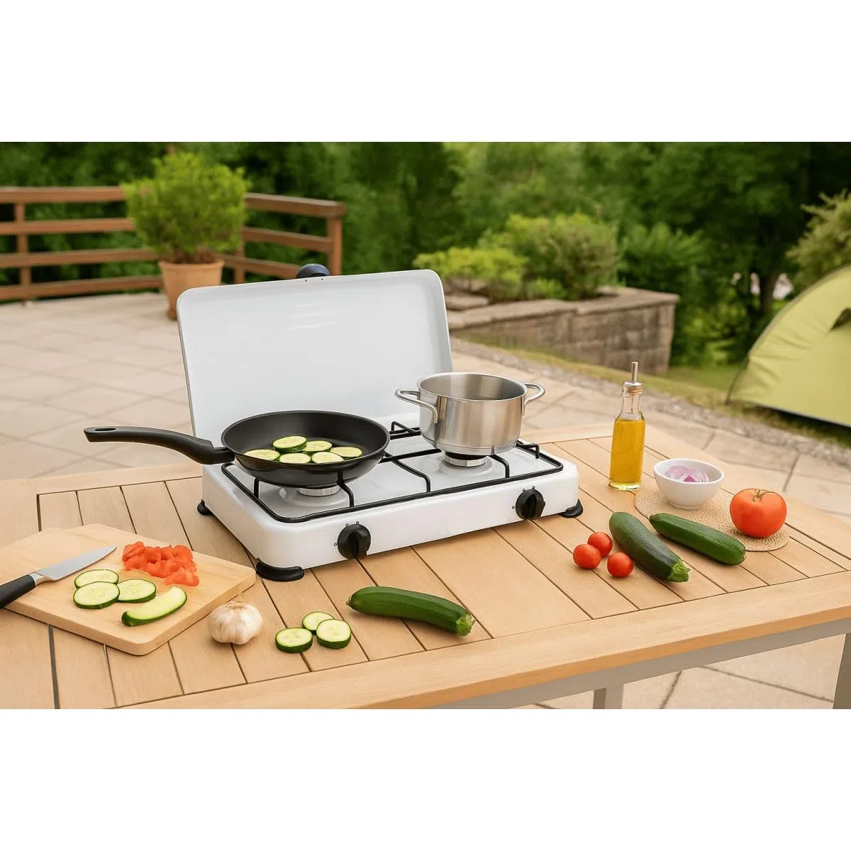 GOLD - Hornillo de gas de 2 fuegos, 3200 W, quemadores de hierro fundido extraíbles, con tapa, a gas butano o propano
