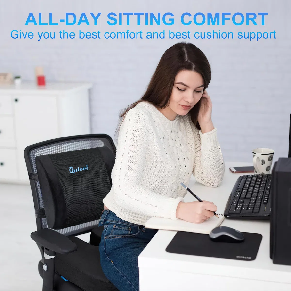 Qutool Cojín para Asiento de coxis y Almohada de Apoyo Lumbar para Silla de Oficina, Coche, Silla de Ruedas (Negro)