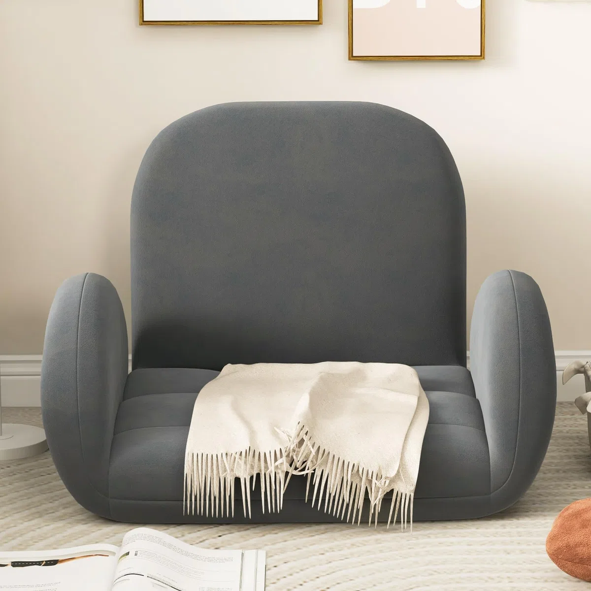 GOPLUS Silla de Suelo Plegable, Silla para Juegos con Respaldo Ajustable en 3 Posiciones y Reposabrazos de 5 Posiciones, Sofá Suelo de Tela para Leer Salón Dormitorio Oficina (sin Base Giratoria)