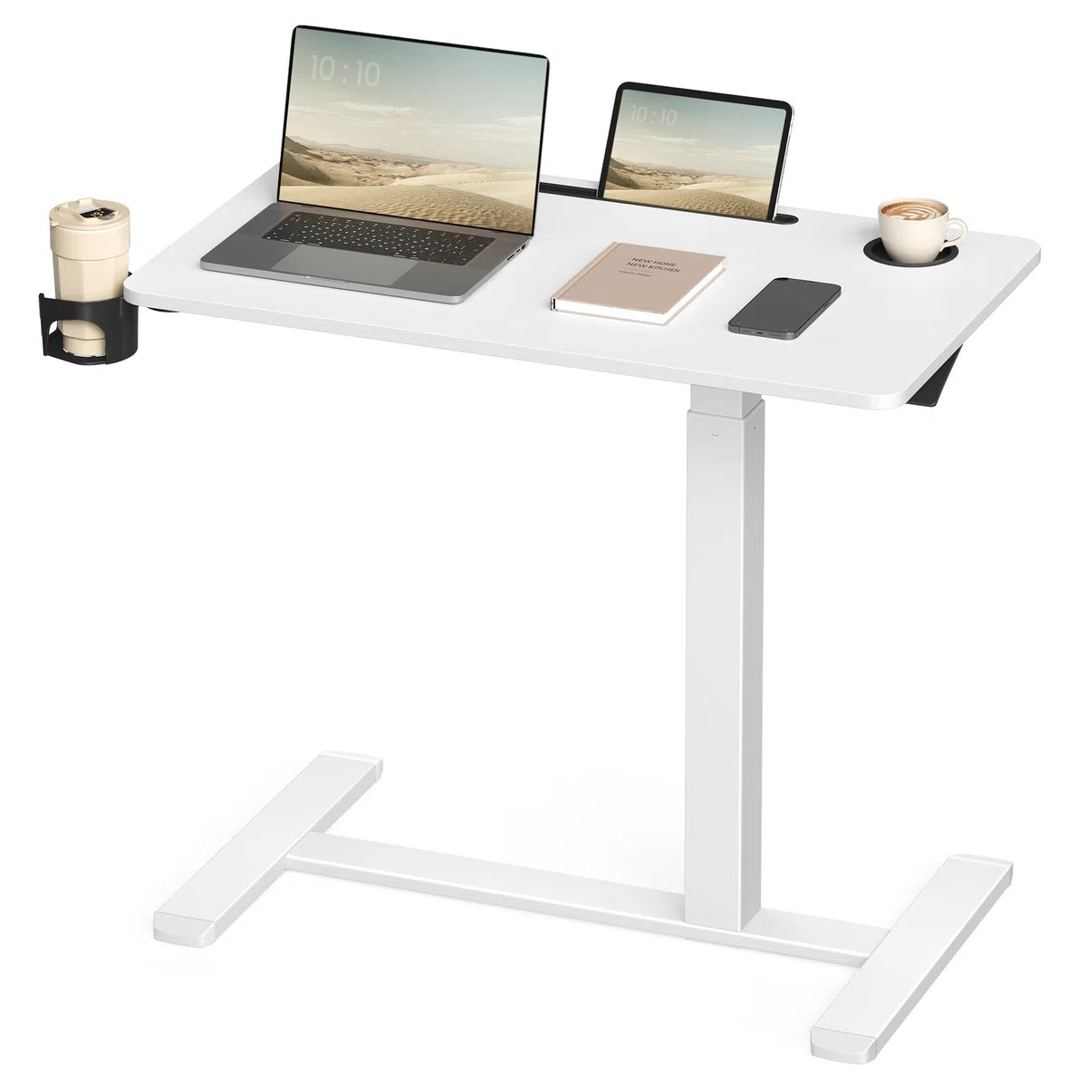 VASAGLE Escritorio con Ruedas, Mesa Auxiliar, Tablero de 80 x 45 cm, Altura Ajustable, 2 Portavasos, Ranura para Teléfono Móvil o Tableta, Blanco Nube LSD601W01
