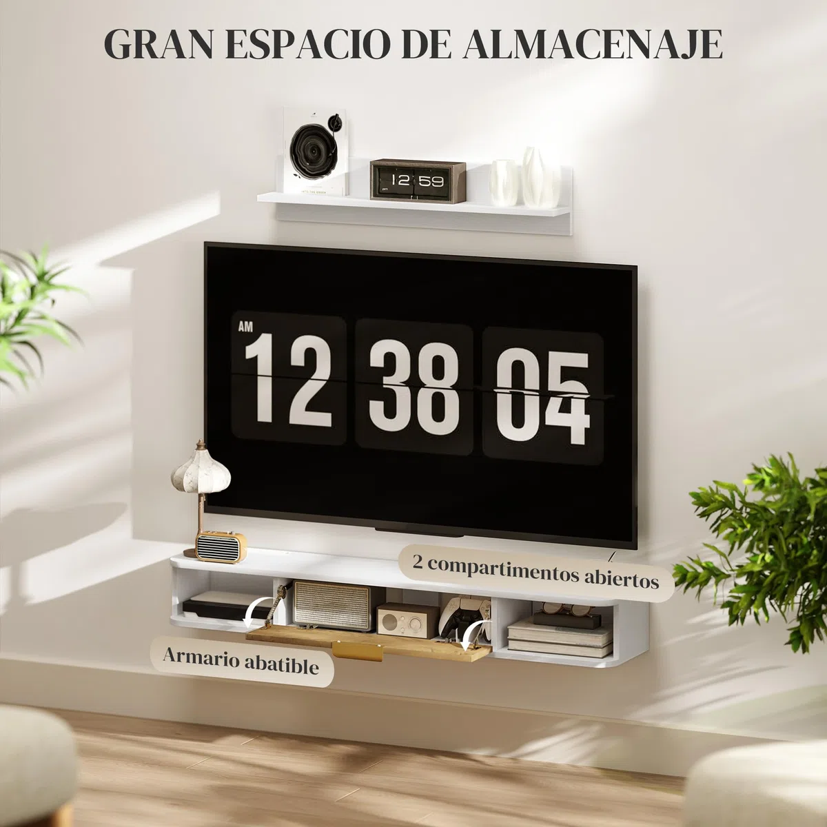 HOMCOM Conjunto de Muebles de Salón, Muebles de TV con Estante de Pared, Puerta, Estantes Abiertos, Orificios para Cables, para Televisión de Pared, 120x24x16 cm, Blanco