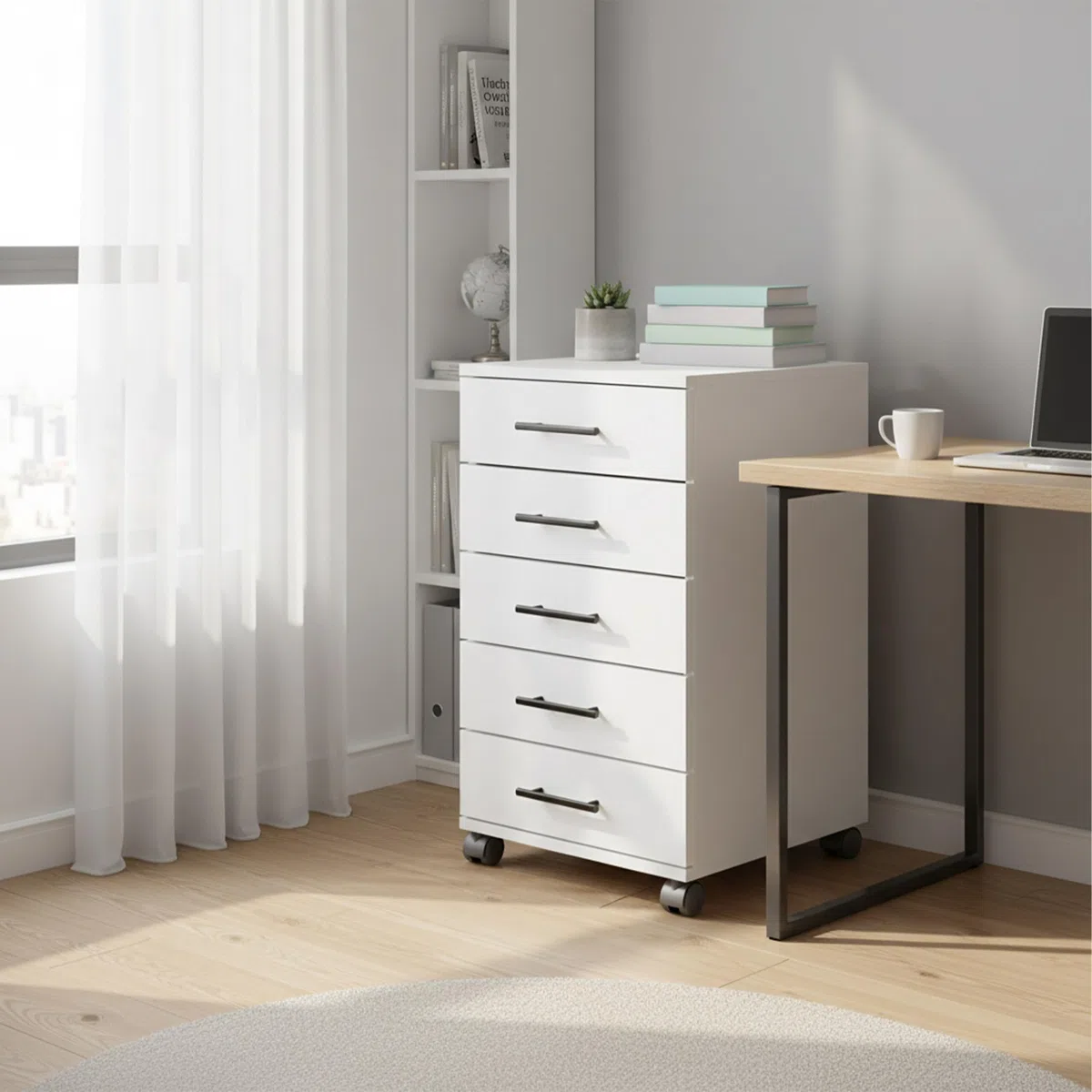 Contenedor rodante Relaxdays, 5 cajones, 69 x 40 x 40 cm, archivador móvil, Escritorio, Blanco