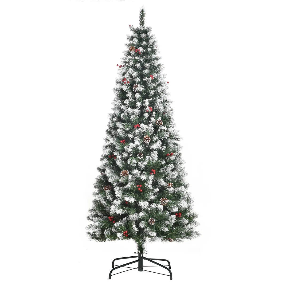 HOMCOM Árbol de Navidad Plegable 180 cm con Nieve 618 Ramas 30 Bayas 34 Piñas Hojas Apertura Automática y Soporte Metálico Decoración Navideña para Interior Verde