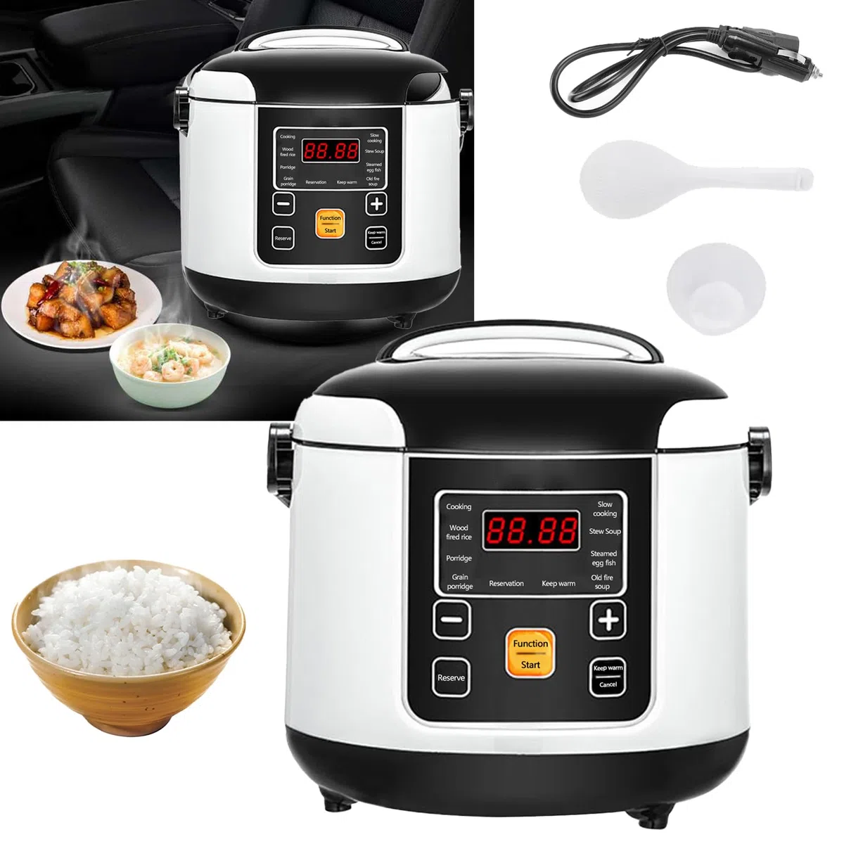 Olla Arrocera Para Coche, 200w 12v/24v Olla Arrocera PortáTil PequeñA Reserva De 24 Horas Mantener Caliente Para Cocinar Arroz Sopa Y Gachas Capacidad De 2l