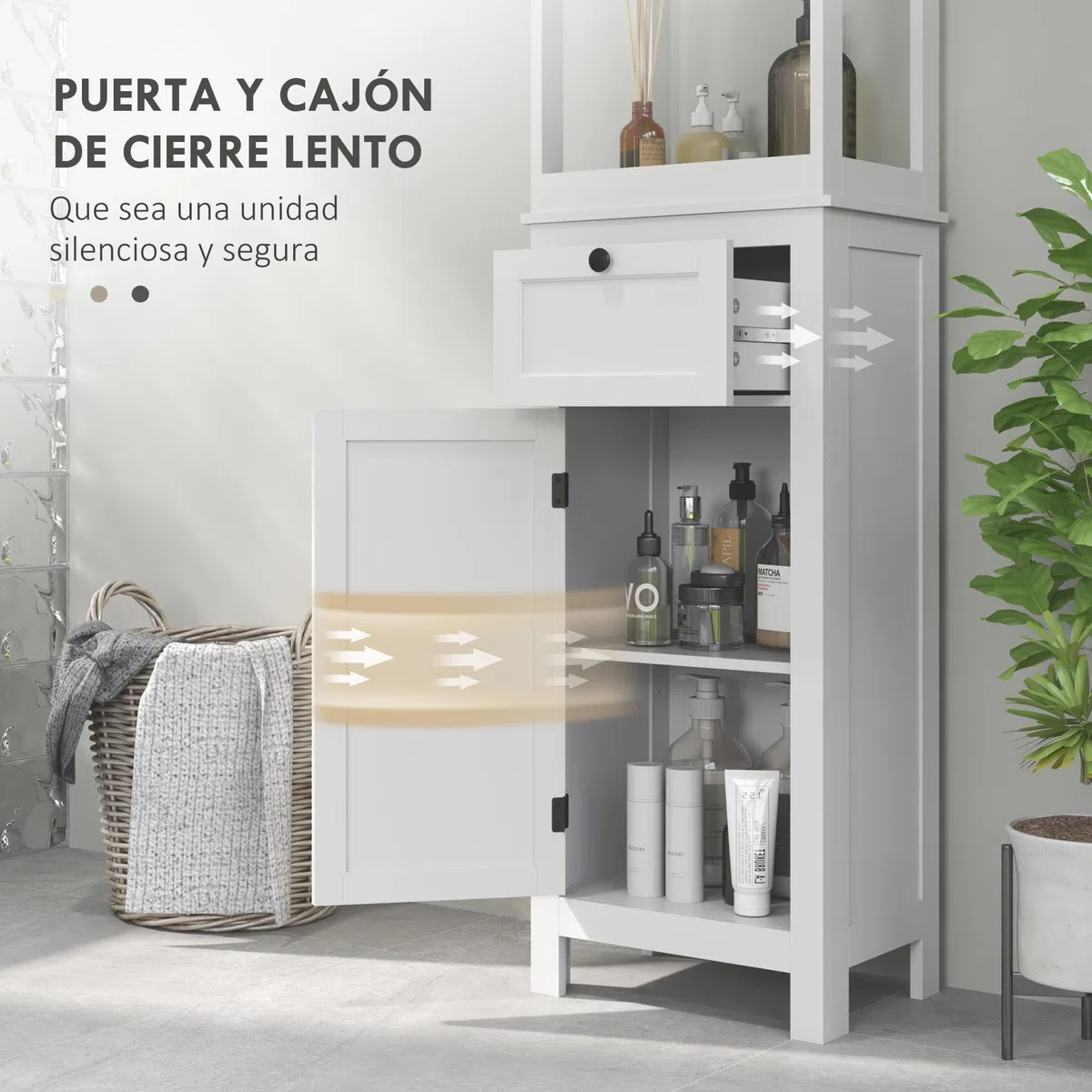 HOMCOM Columna de Baño Armario de Baño 40x30x165 cm con Cajón Puerta Estante Ajustable y 2 Compartimientos Estilo Moderno Blanco