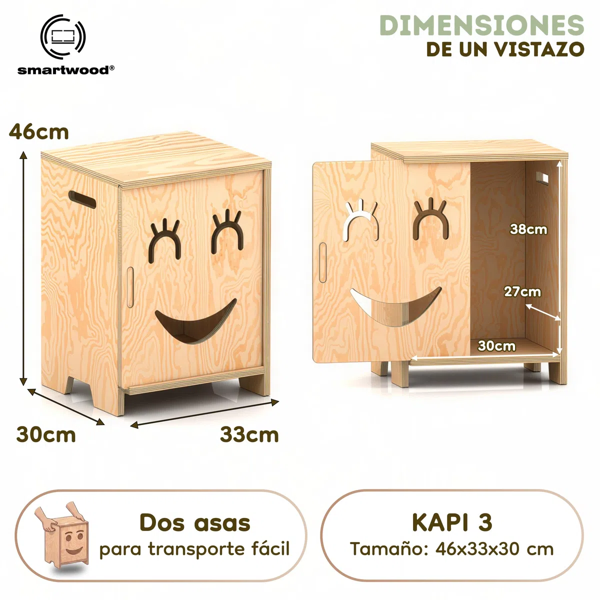 smartwood Mesita de Noche Infantil - Mesilla Montessori de Madera Contrachapada de Pino Certificada FSC - Diseño Apto para Niños, Estructura Estable y Montaje Fácil - KAPI 3P