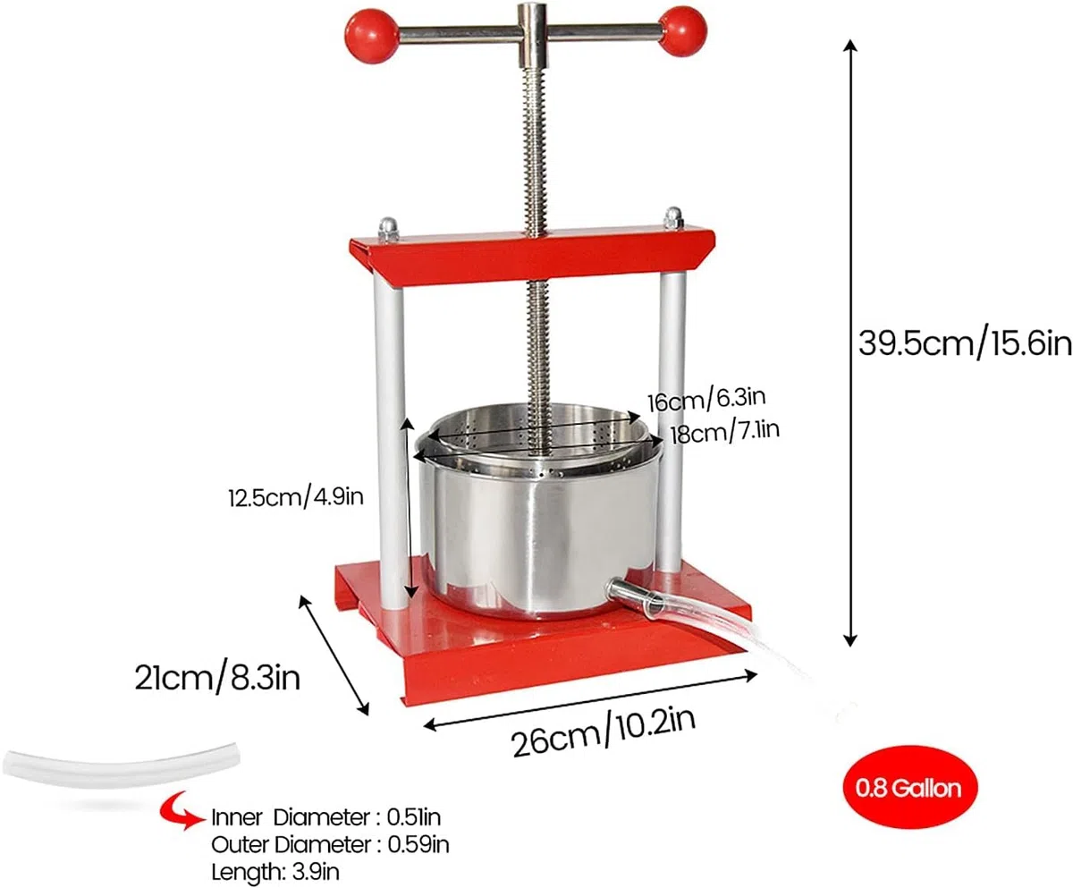 SQUEEZE master Prensa de frutas 0,8 galones/3 litros, tintura de queso hierbas fruta vino prensa manual, acero inoxidable y hierro para jugo, sidra, vino, aceite de oliva