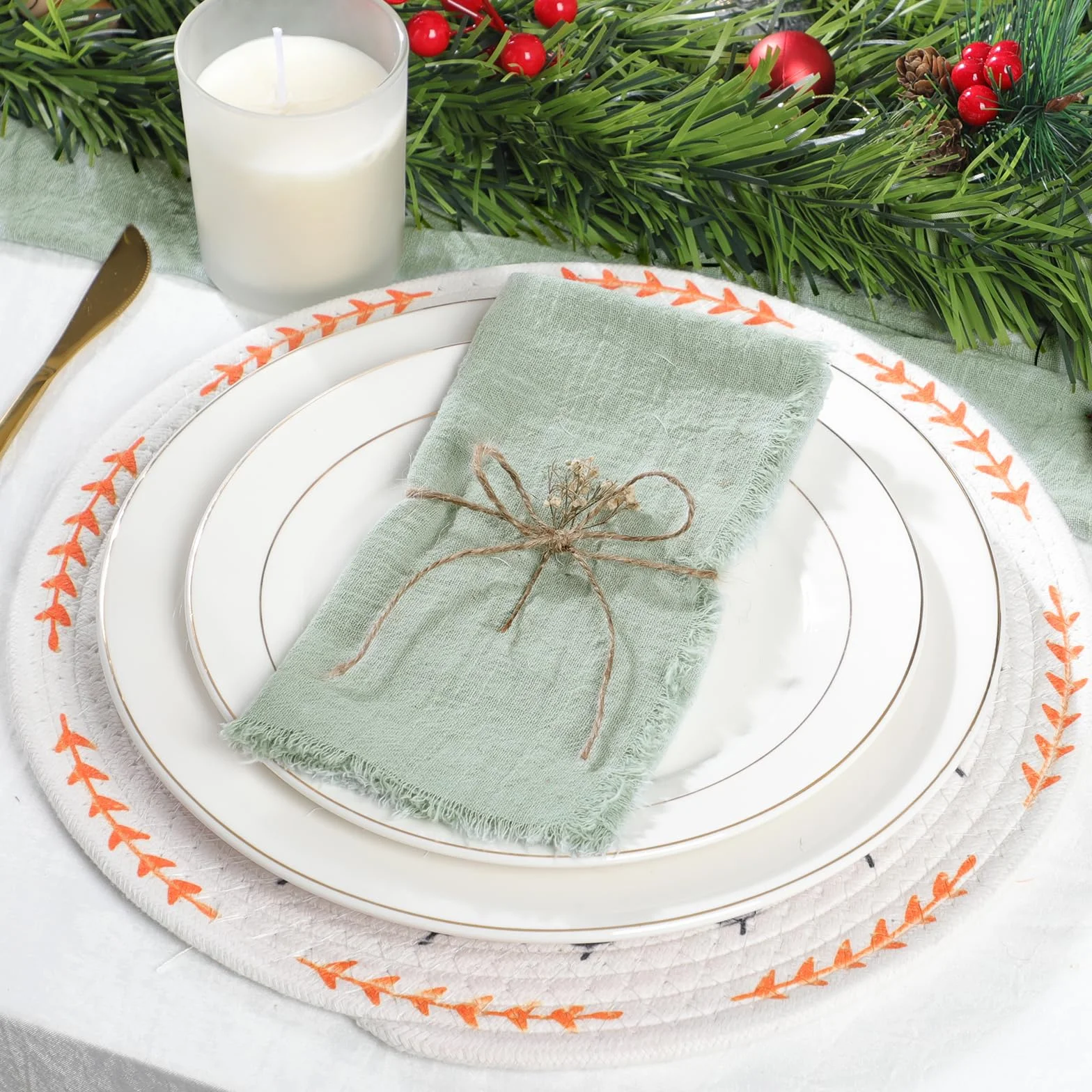 50 servilletas de algodón de Gasa Verde de Navidad, Reutilizables, para decoración de Mesa de Boda, Fiesta, Retro, 42 x 42 cm