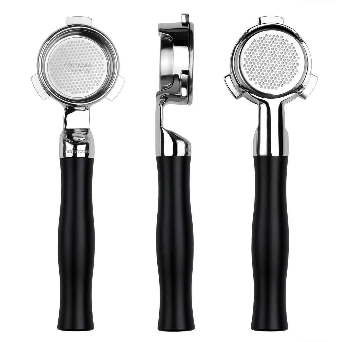 Normcore Portafiltro Silm sin fondo de 54 mm, portafiltro desnudo con mango de aluminio anodizado negro, se adapta a máquinas Breville Sage de 54 mm, cesta de precisión de doble disparo de 18 g