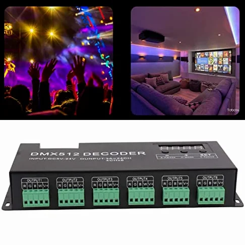 Decodificador DMX de 24 Canales, Decodificador DMX512 Controlador LED RGB 60A PWM DMX512 Controlador de Atenuación para Tiras LED RGB, DC 5V-24V Alta Potencia Sin Parpadeo