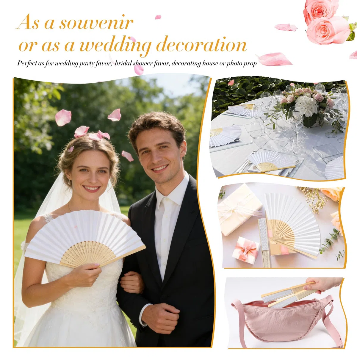 SWAWIS 60 Piezas Abanicos de Tela Blanco, Abanico Plegable con 60 Bolsas de Organza y Tarjetas de Agradecimiento, Ventiladores de Bambú para Bodas Bautizos Decoraciones Fiestas DIY