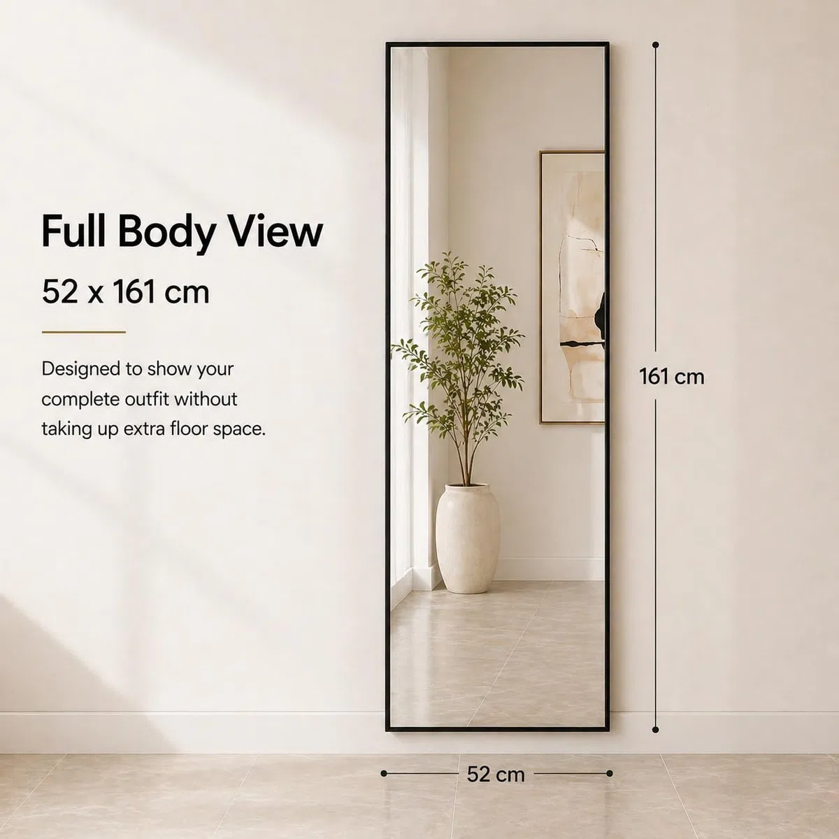 Espejo de Pie Moderno 52x161 cm | Espejo de Cuerpo Entero Resistente con Marco de Aluminio Estrecho | para Salón, Dormitorio y Vestidor | Función Doble: De Pie o Colgante