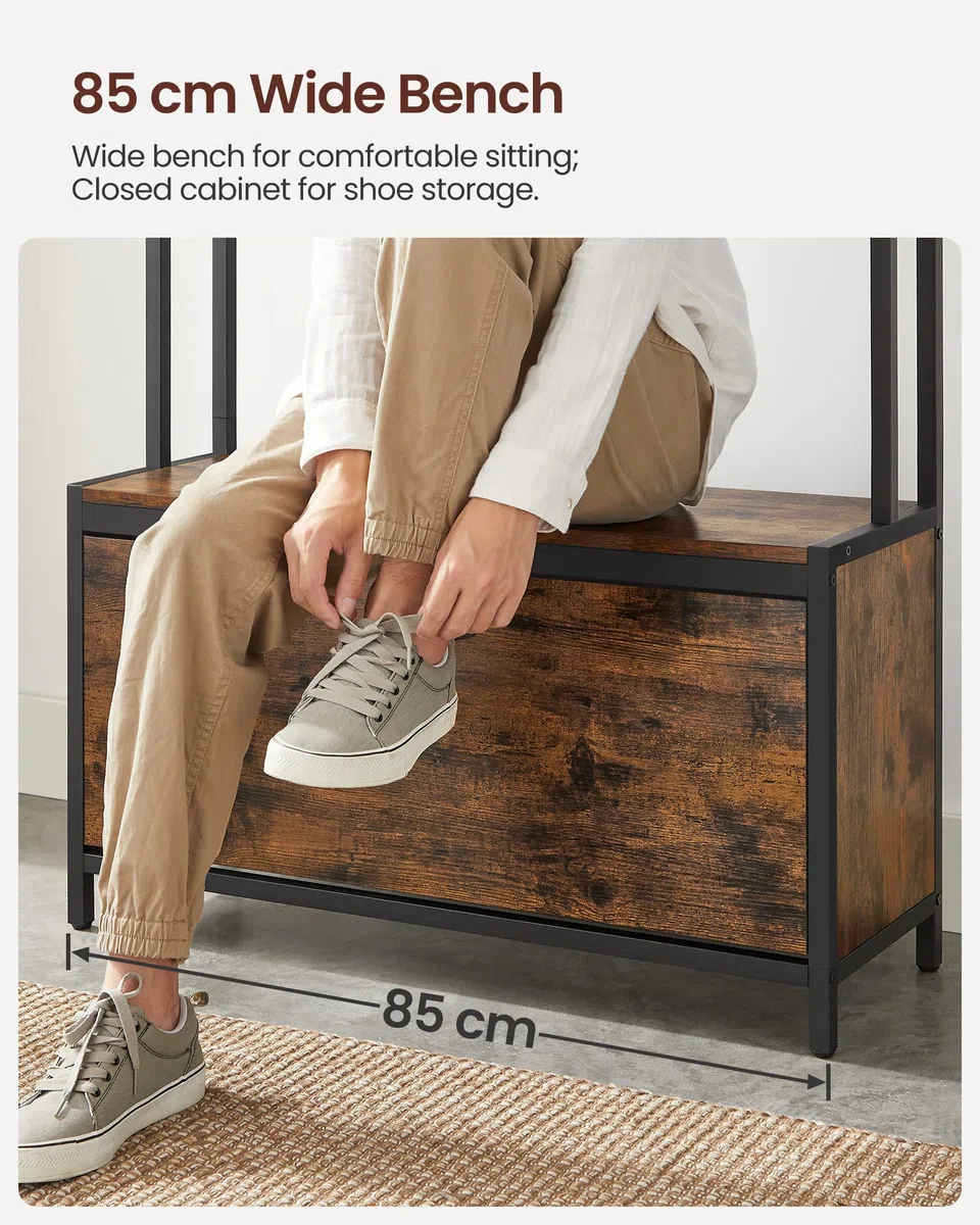 VASAGLE Perchero Zapatero, Perchero Recibidor, con Banco Zapatero, 9 Ganchos, Estante Superior, Pasillo Dormitorio Salón, Estilo Industrial, Marrón Rústico y Negro HSR405B01